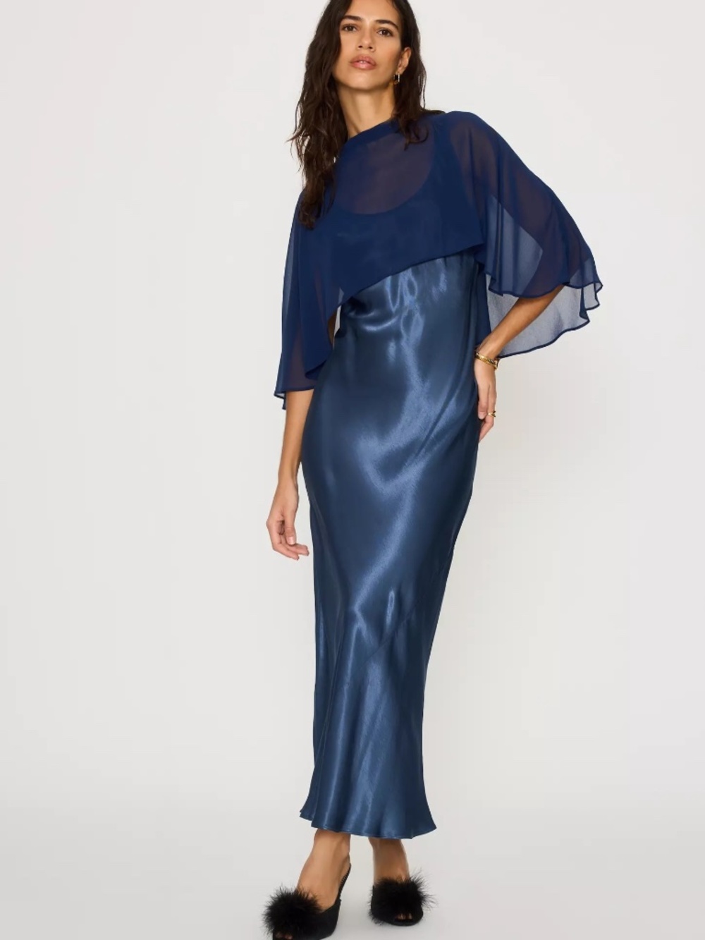 By Anthropologie Overlay Cape Slip Dress in NAVY BLUE nwt size XL